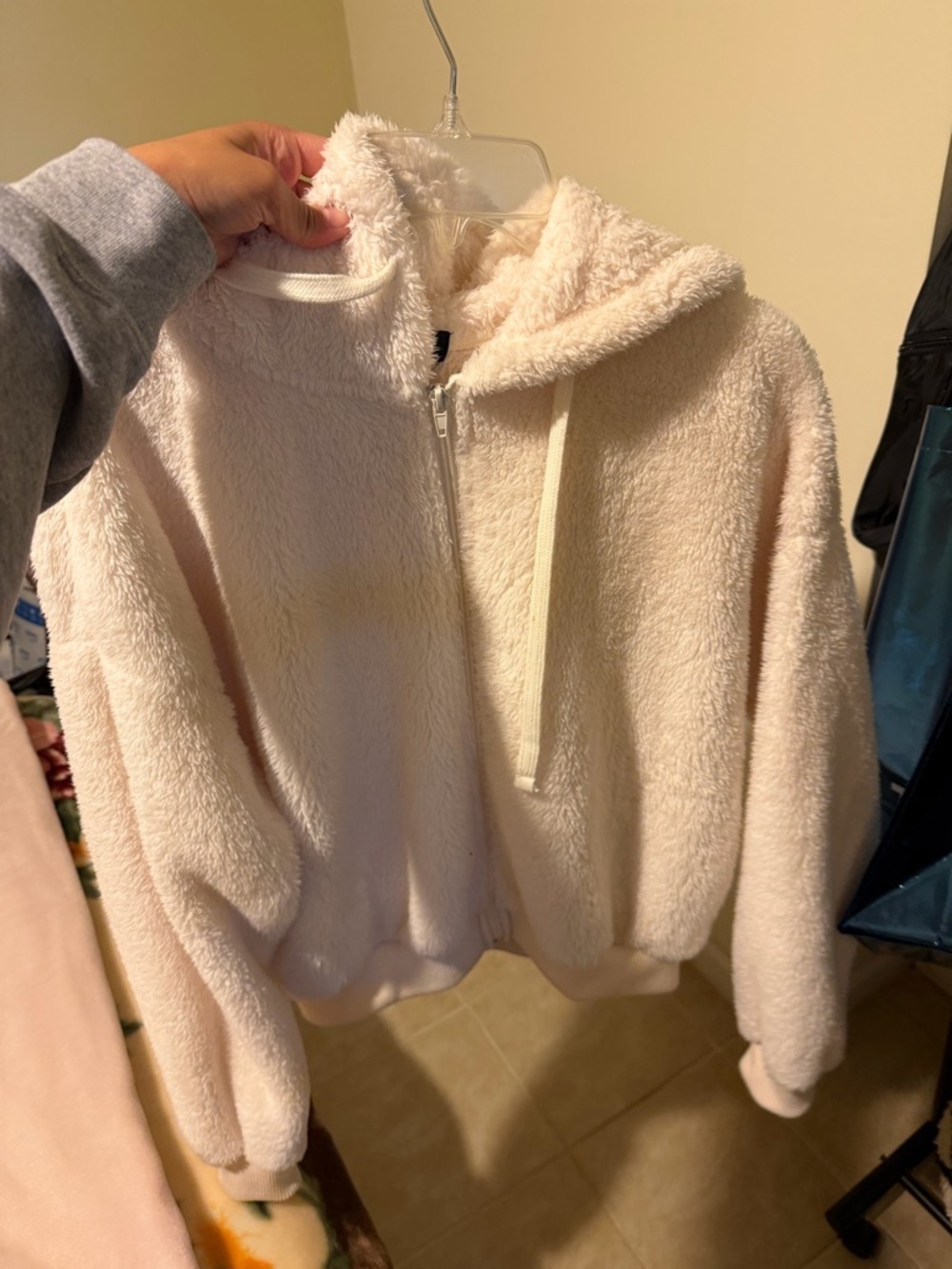 Forever 21 Cream Plush Hooded Zip-Up Jacket